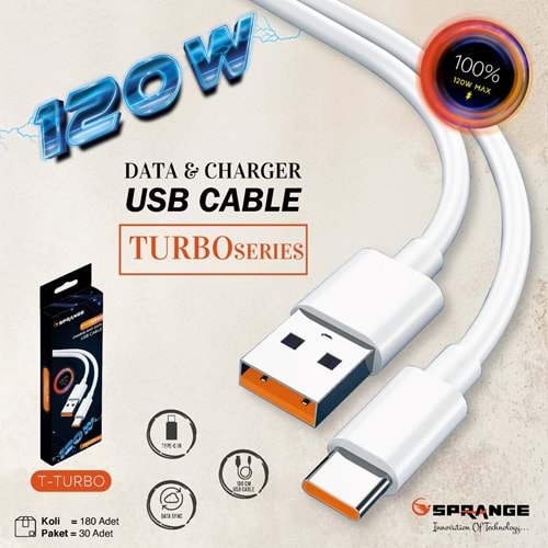 SPRANGE T-TURBO 120W 3.0 HIZLI ŞARJ 5A USB TO TYPE-C KABLO