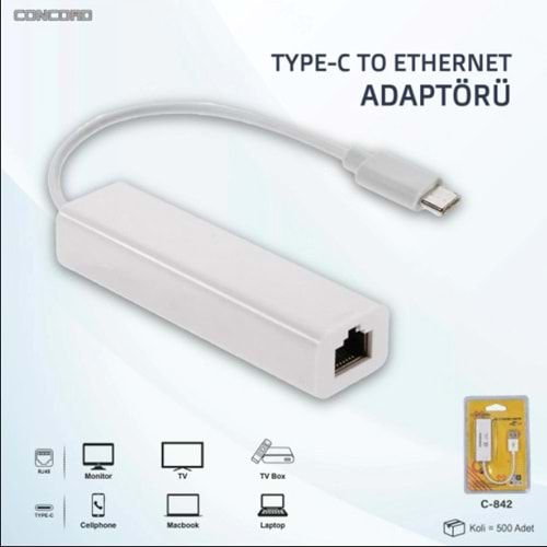 CONCORD C-842 USB TO LAN TYPE-C LAN RJ45 TO TYPE-C ETHERNET ÇEVİRİCİ